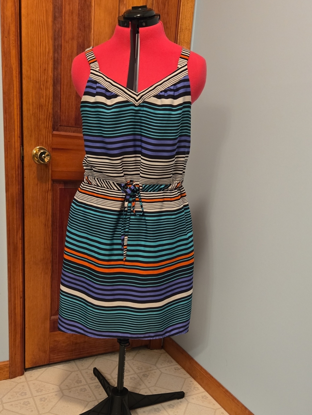 Merona Striped V-Neck Drawstring Mini Dress in Teal, Blue & Orange